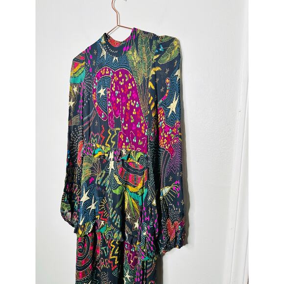 FARM RIO Black Amazonia High Neck Jungle Theme Ruffle Tiers Maxi Dress Size XS - Picture 13 of 16
